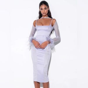 Oaklie Silver Satin Mesh Sleeve Dress with Feather
